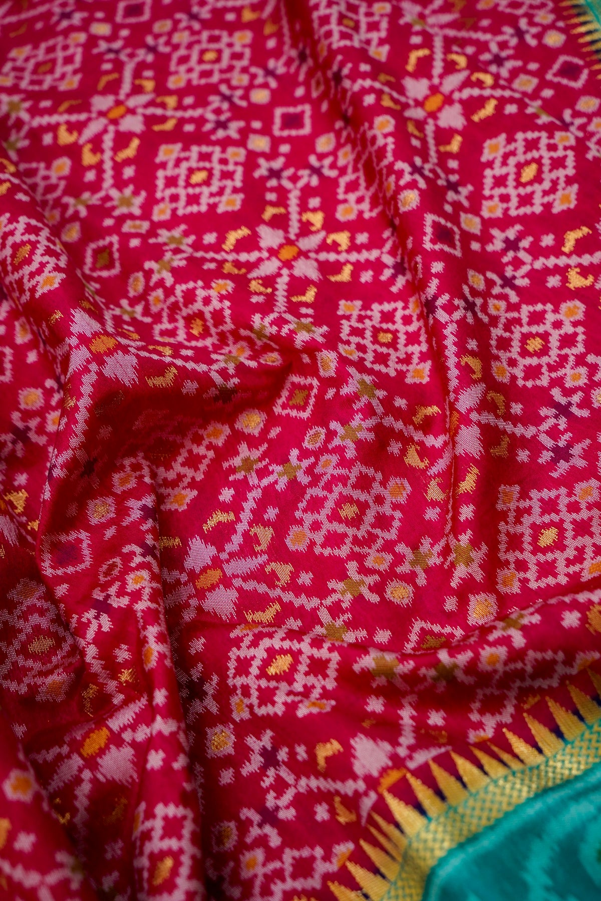 Raspberry Pink Dupion Silk Patola Saree with Contrast Turquoise Border