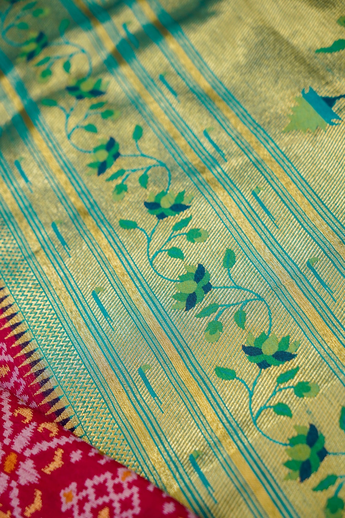 Raspberry Pink Dupion Silk Patola Saree with Contrast Turquoise Border