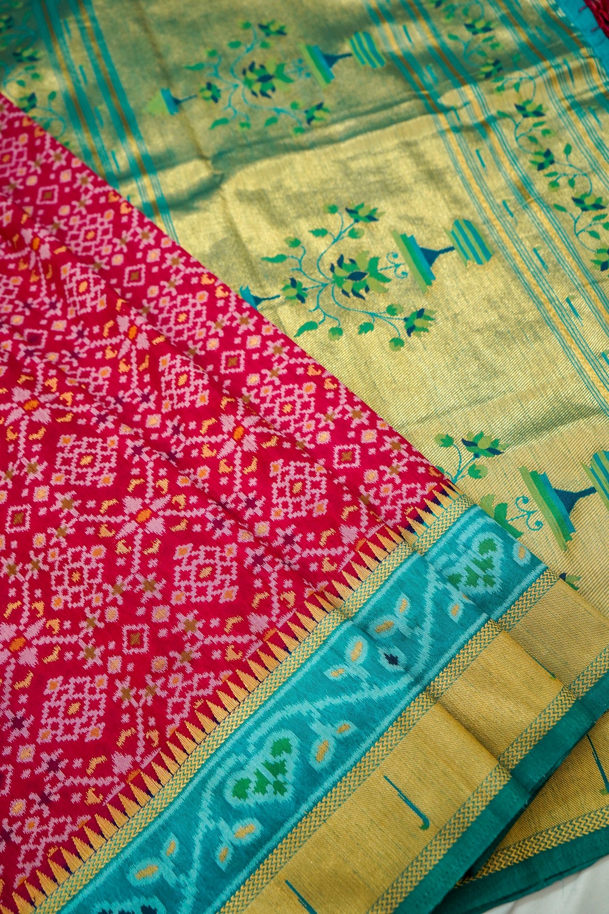 Raspberry Pink Dupion Silk Patola Saree with Contrast Turquoise Border