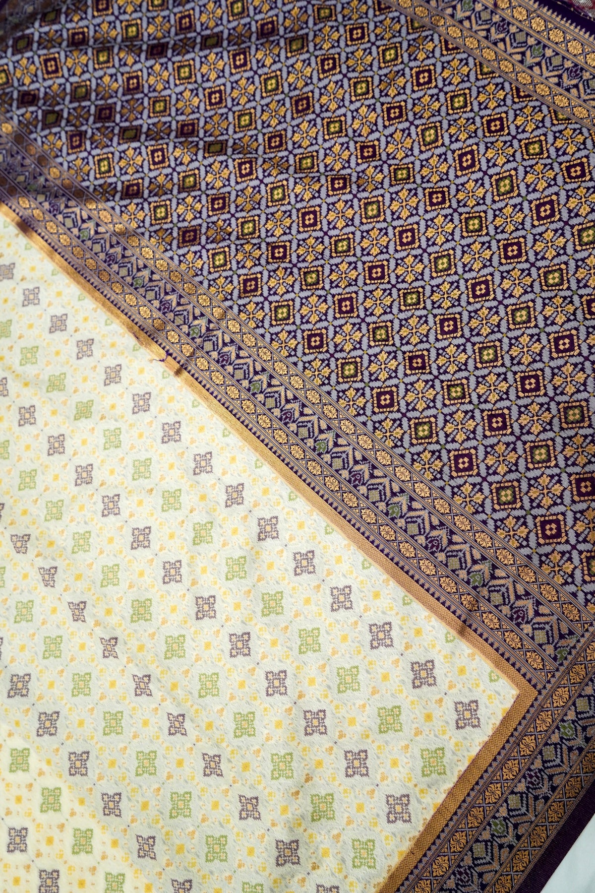 Soft Dupion Silk Ivory Patola Saree with Navy Border