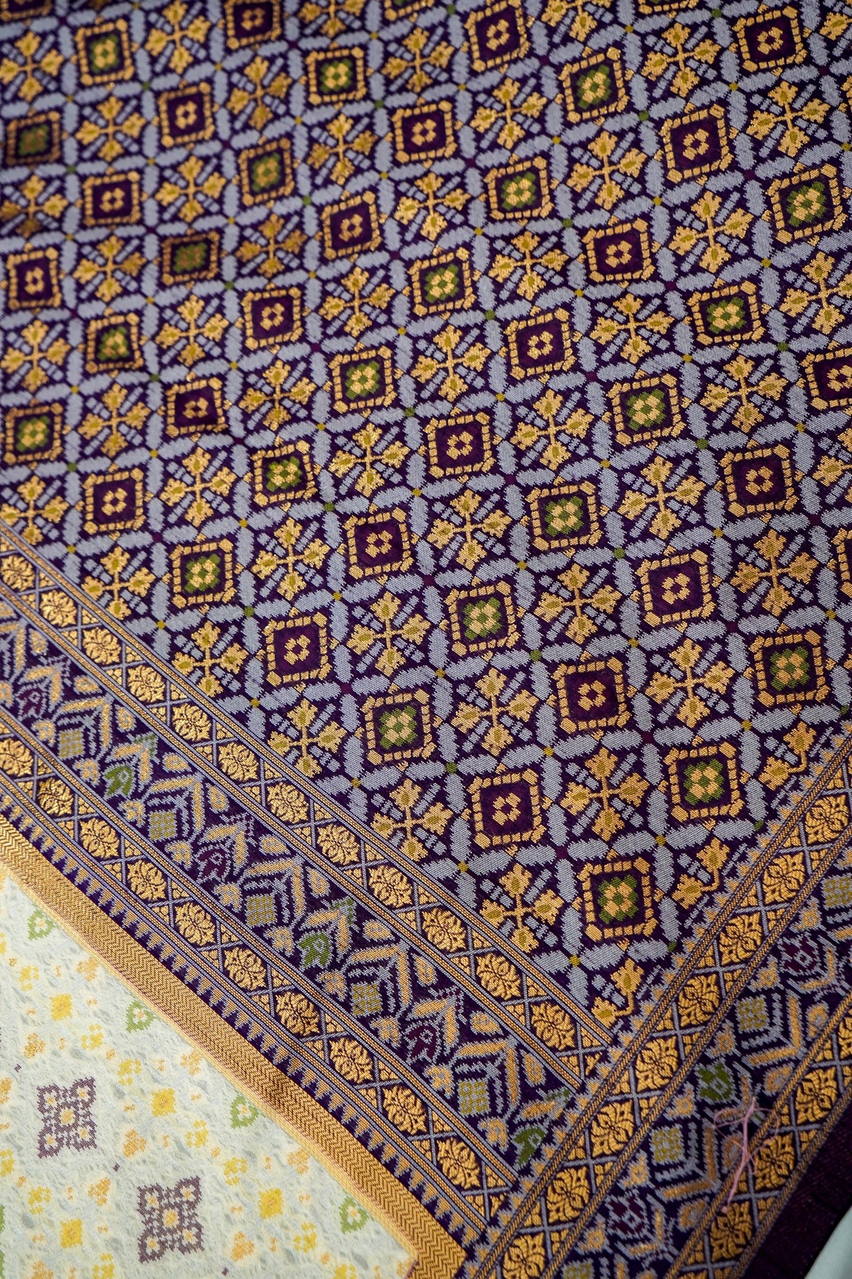 Soft Dupion Silk Ivory Patola Saree with Navy Border