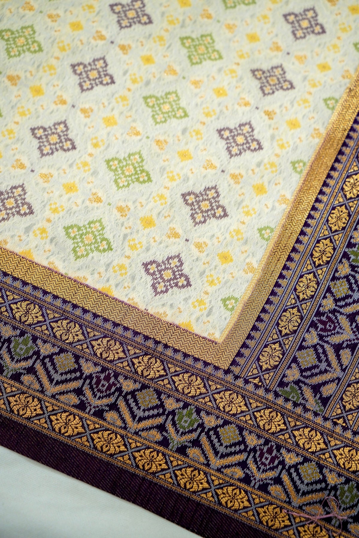 Soft Dupion Silk Ivory Patola Saree with Navy Border