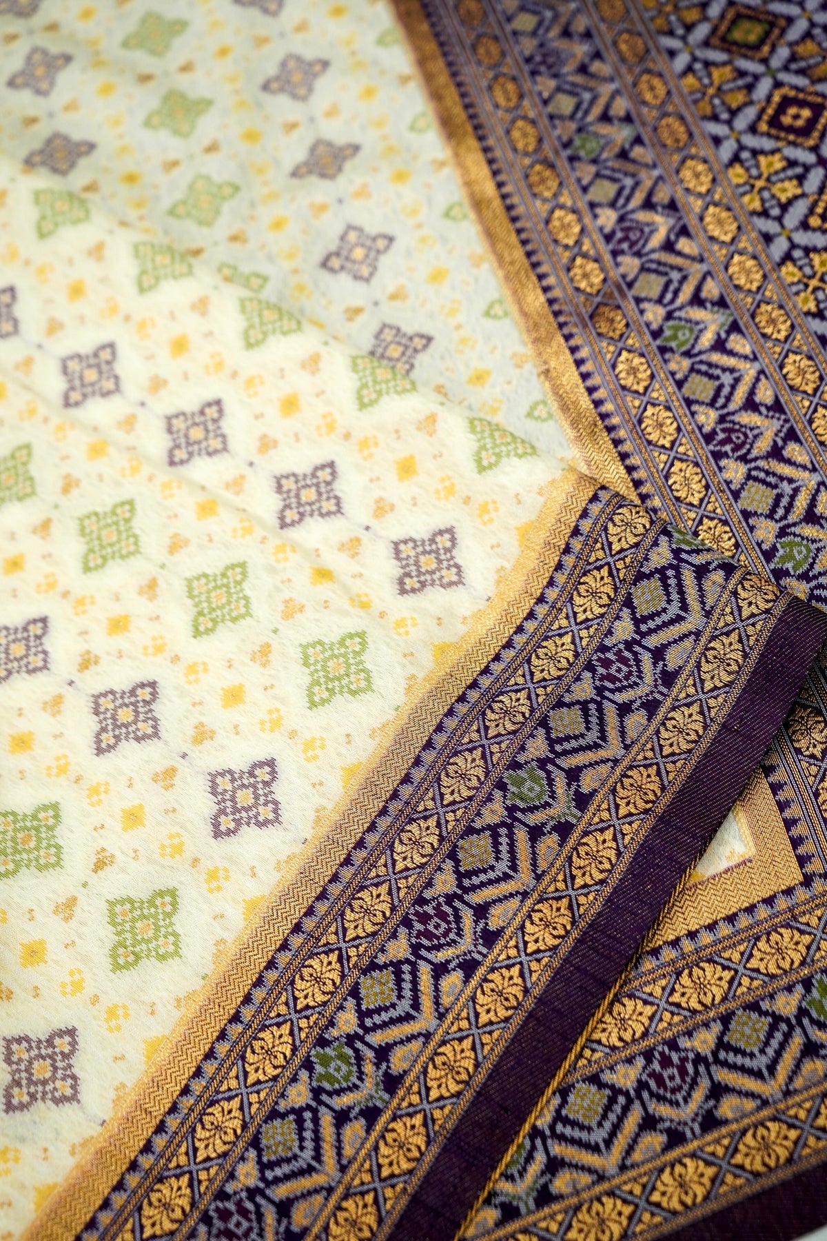 Soft Dupion Silk Ivory Patola Saree with Navy Border