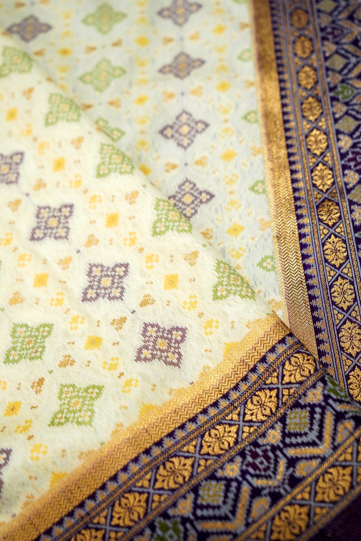 Soft Dupion Silk Ivory Patola Saree with Navy Border