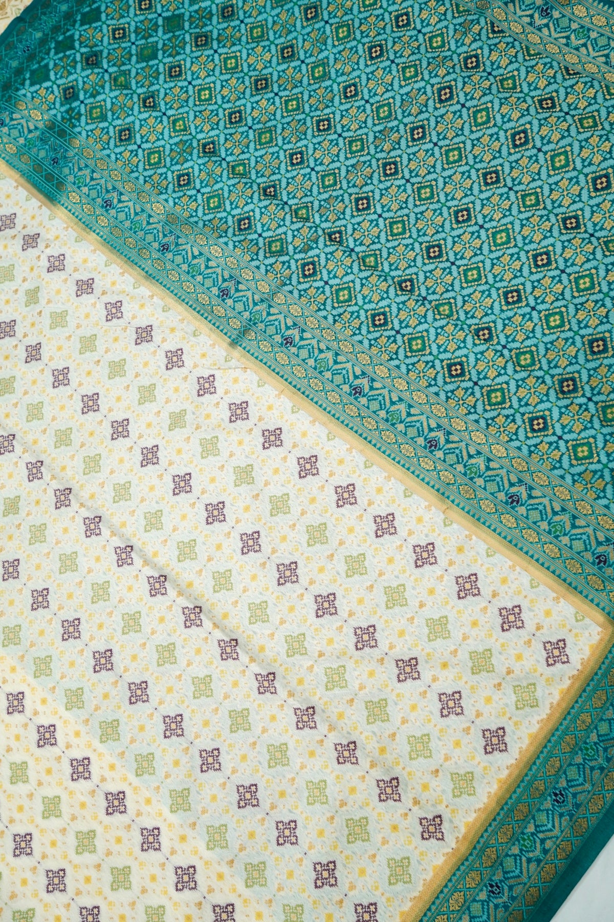 Soft Dupion Silk Ivory Patola Saree with Teal Border