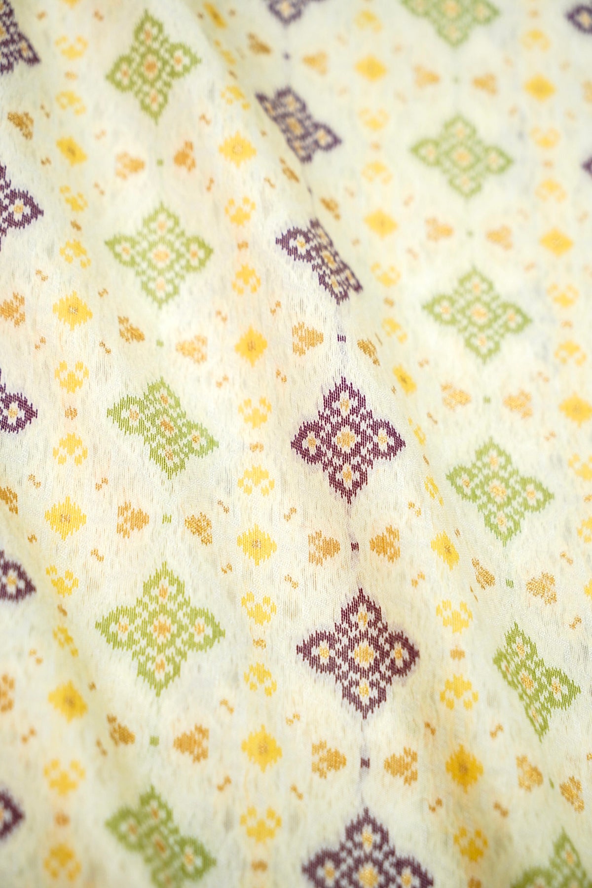 Soft Dupion Silk Ivory Patola Saree with Teal Border