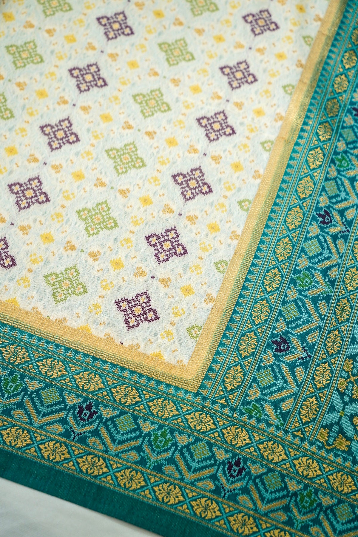 Soft Dupion Silk Ivory Patola Saree with Teal Border