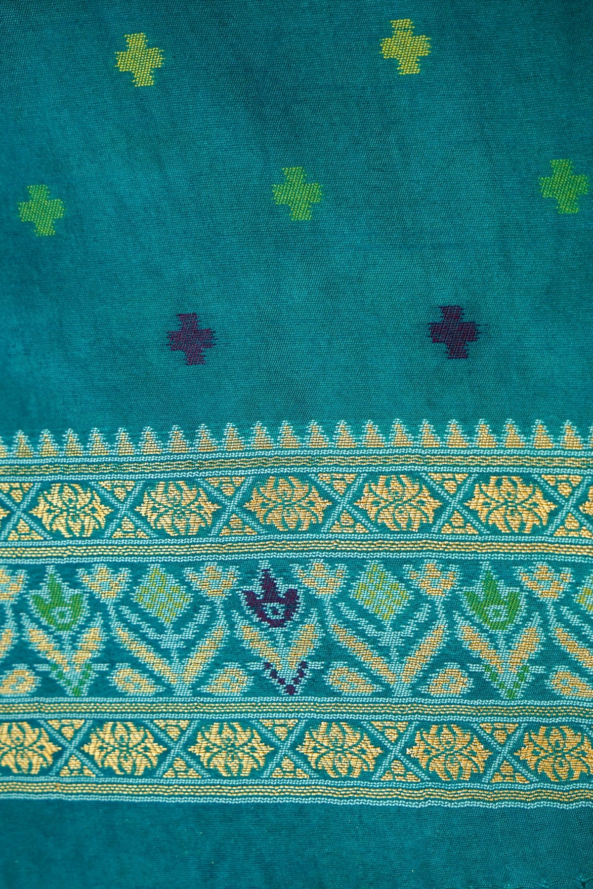 Soft Dupion Silk Ivory Patola Saree with Teal Border