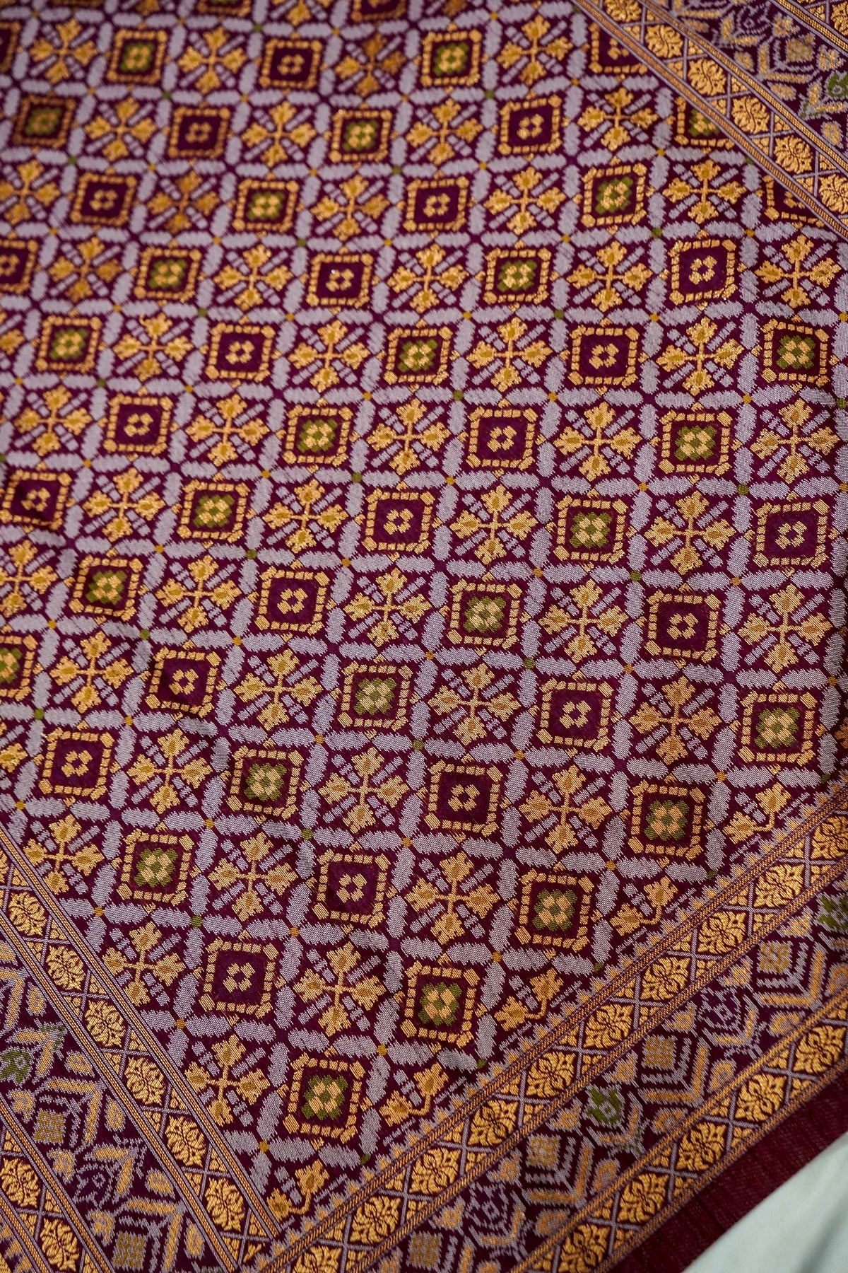 Soft Dupion Silk Ivory Patola Saree with Plum Border