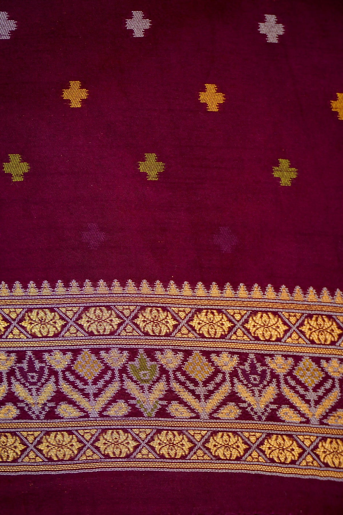 Soft Dupion Silk Ivory Patola Saree with Plum Border