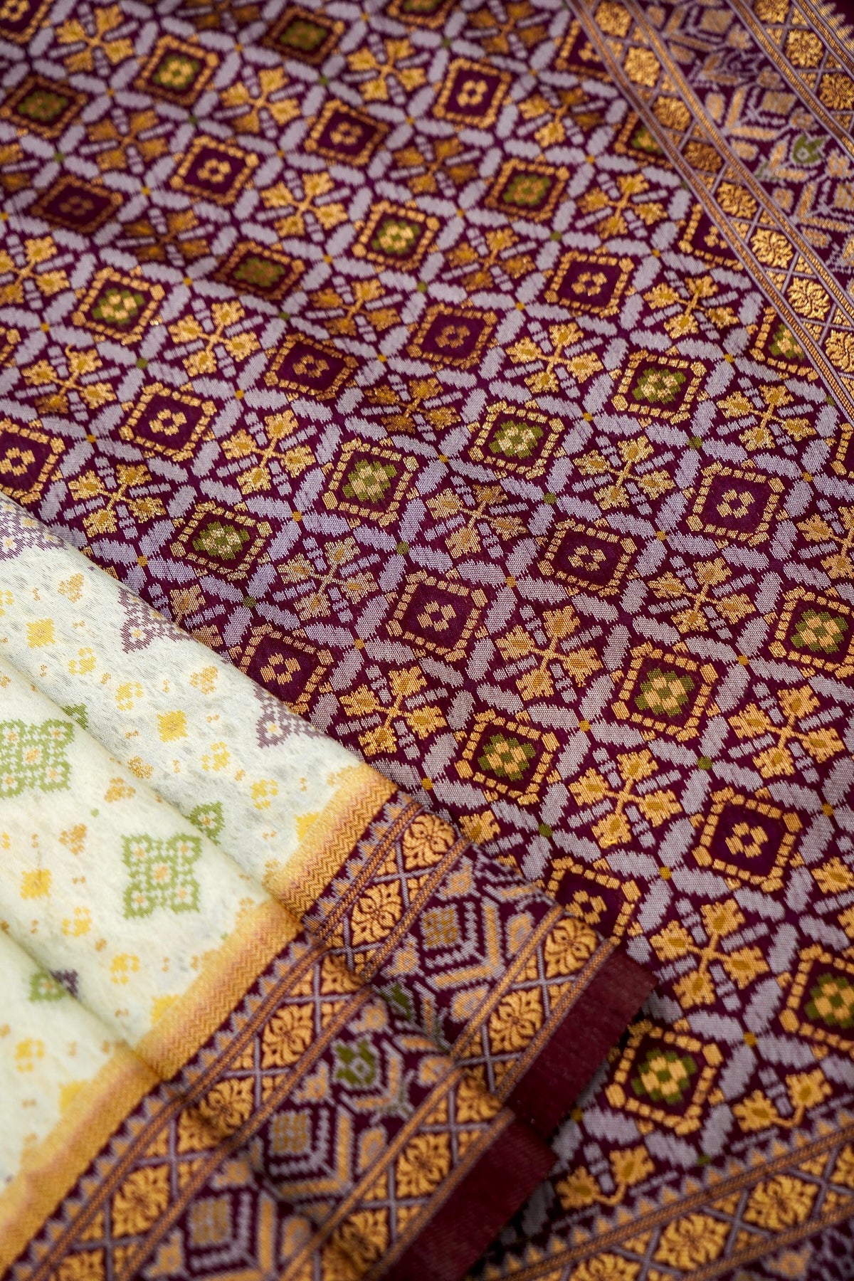 Soft Dupion Silk Ivory Patola Saree with Plum Border