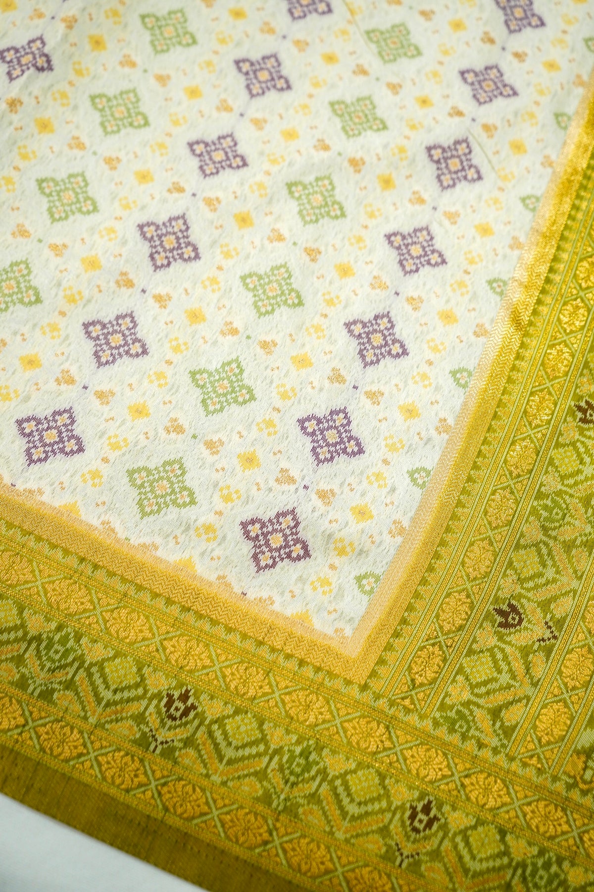 Soft Dupion Silk Ivory Patola Saree with Olive Green Border