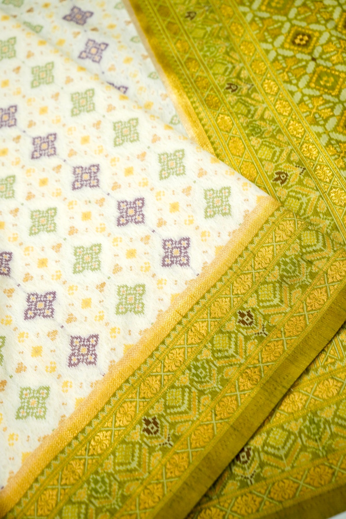 Soft Dupion Silk Ivory Patola Saree with Olive Green Border