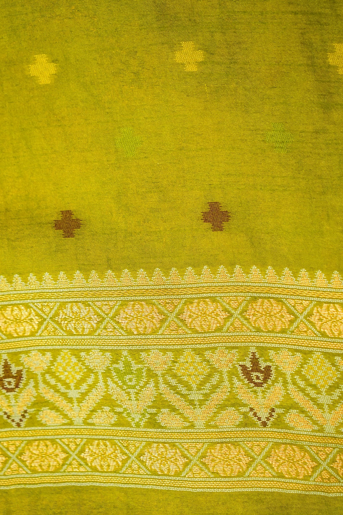 Soft Dupion Silk Ivory Patola Saree with Olive Green Border