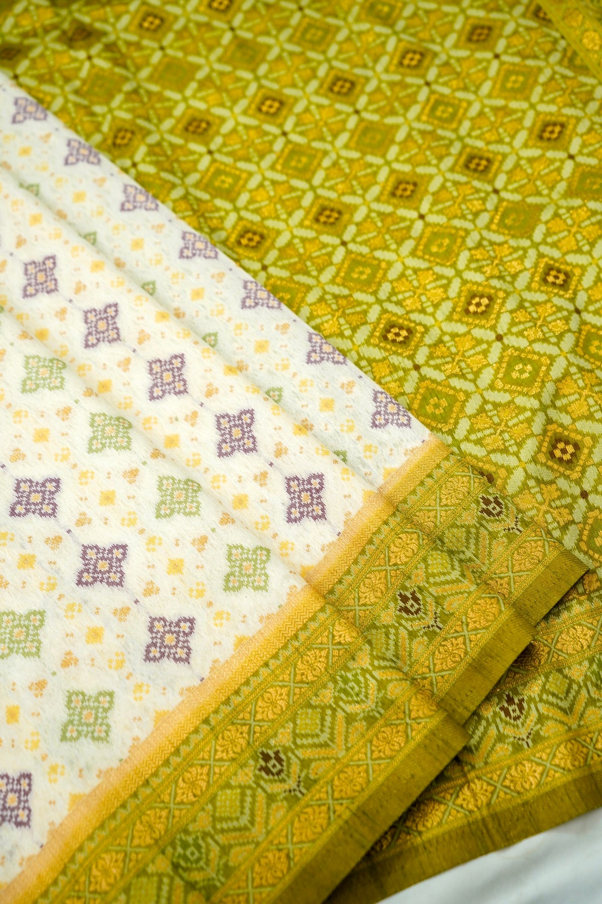 Soft Dupion Silk Ivory Patola Saree with Olive Green Border