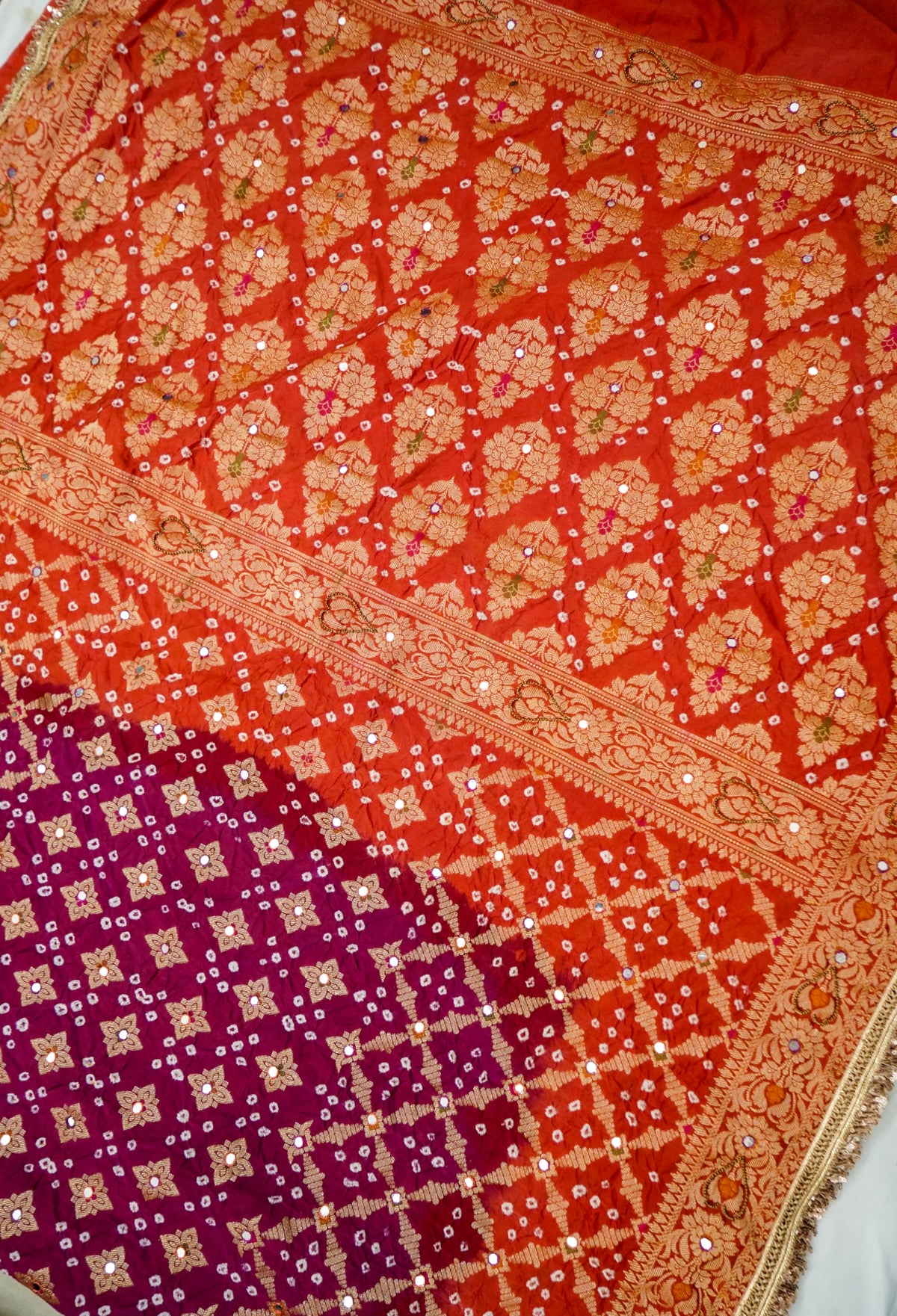 Dual Shade - Purple and Orange Bandhani Dupion Silk Saree