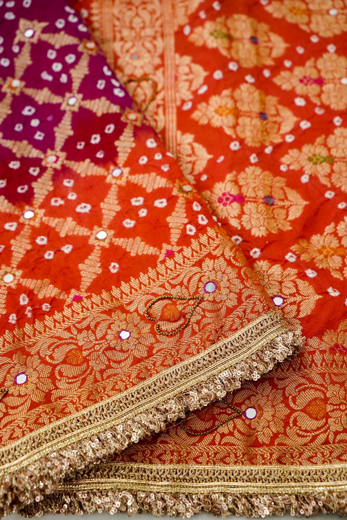 Dual Shade - Purple and Orange Bandhani Dupion Silk Saree