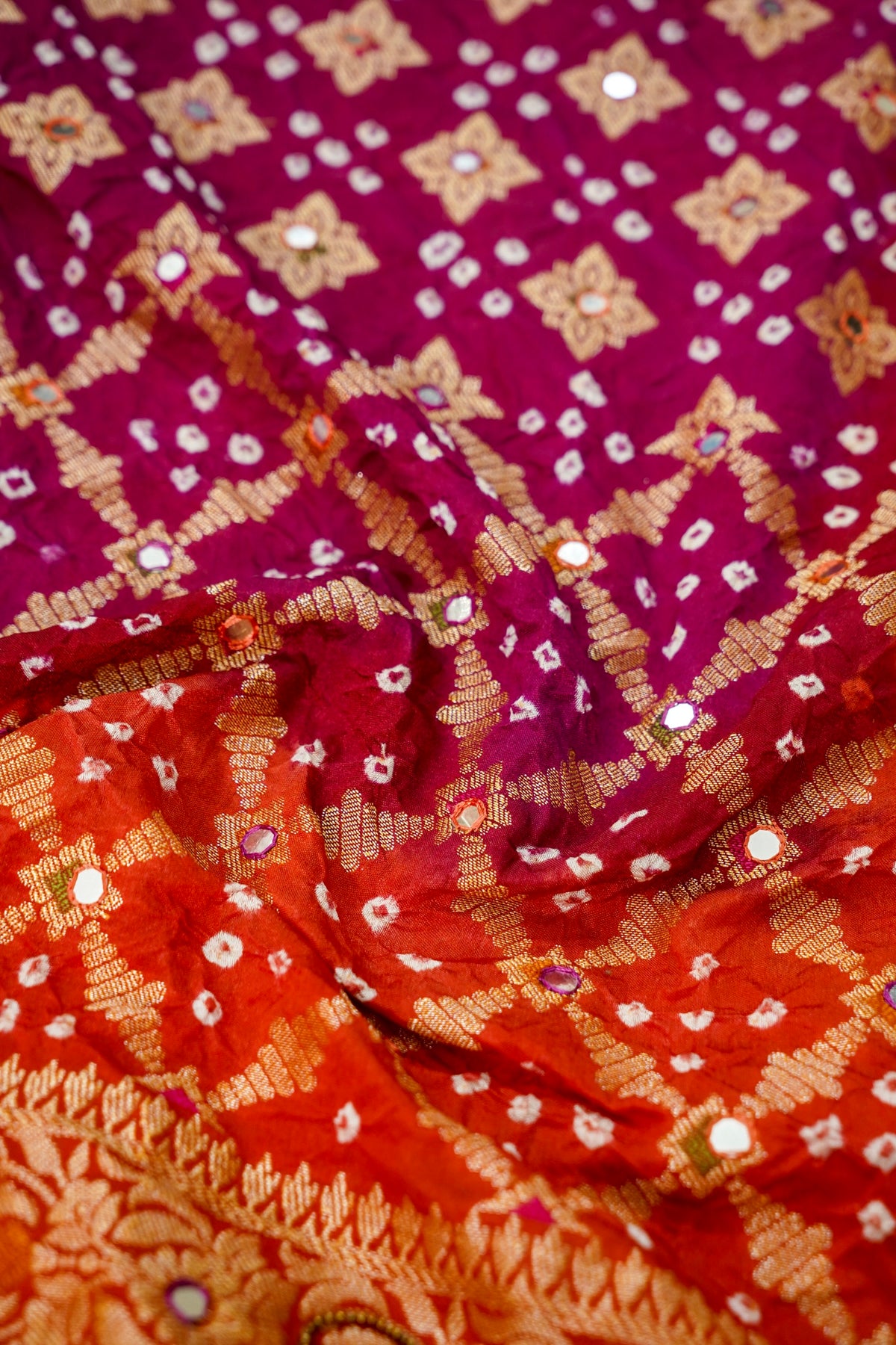 Dual Shade - Purple and Orange Bandhani Dupion Silk Saree