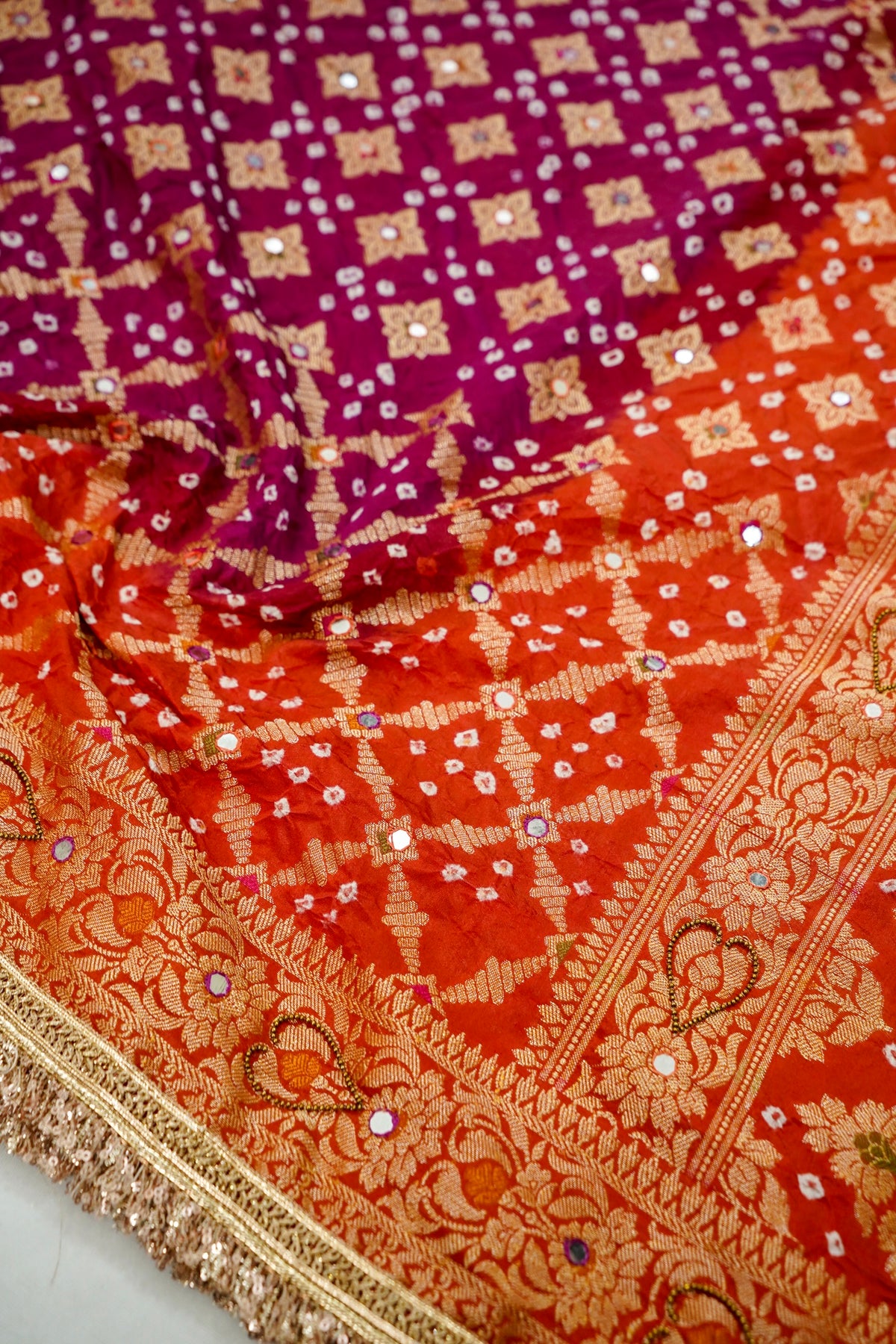 Dual Shade - Purple and Orange Bandhani Dupion Silk Saree