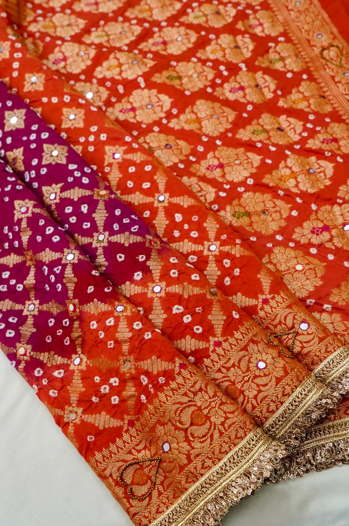 Dual Shade - Purple and Orange Bandhani Dupion Silk Saree