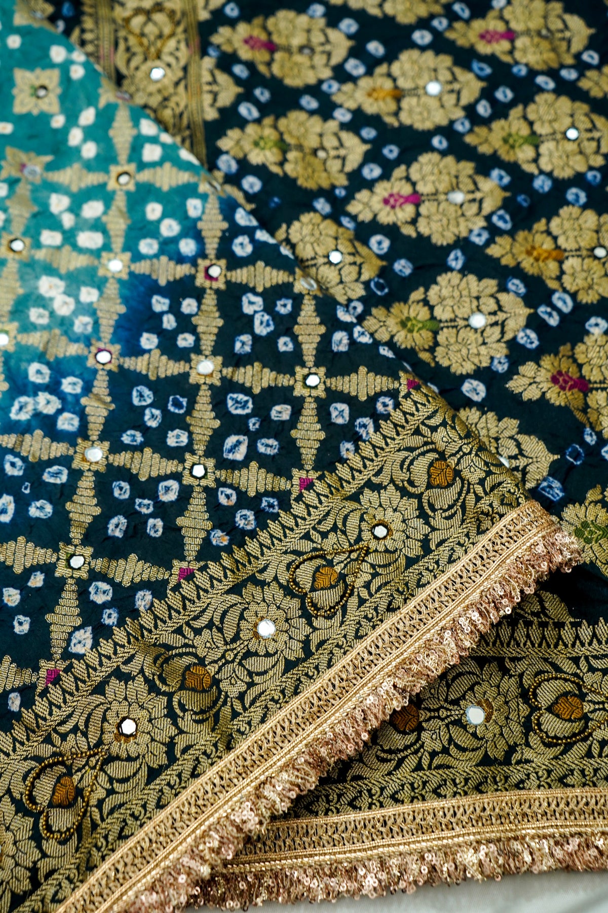 Dual Shade - Teal and Navy Blue Bandhani Dupion Silk Saree