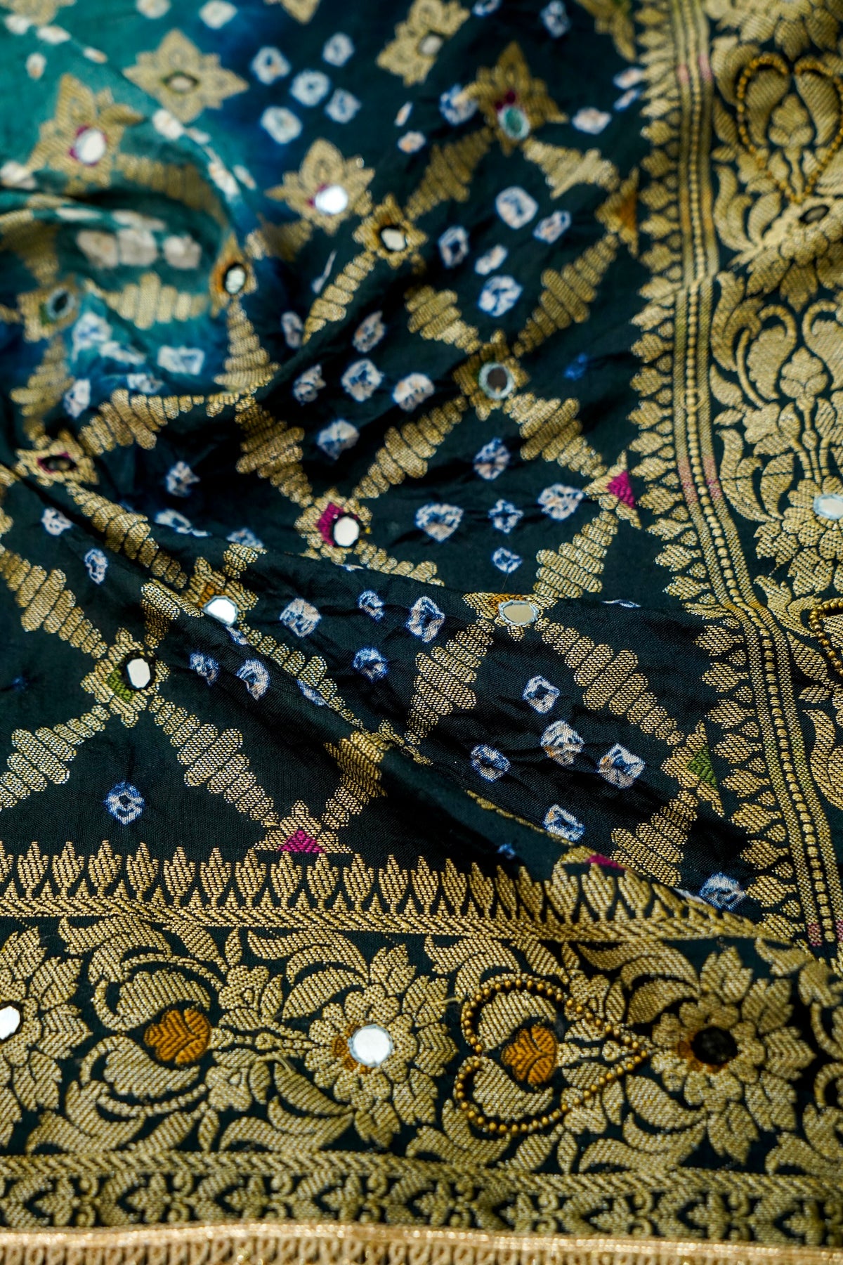Dual Shade - Teal and Navy Blue Bandhani Dupion Silk Saree