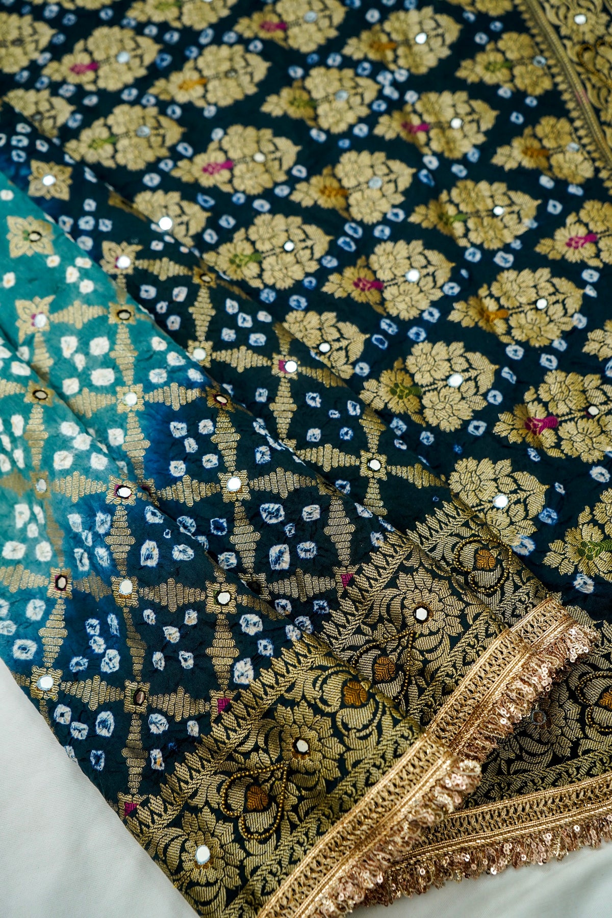 Dual Shade - Teal and Navy Blue Bandhani Dupion Silk Saree