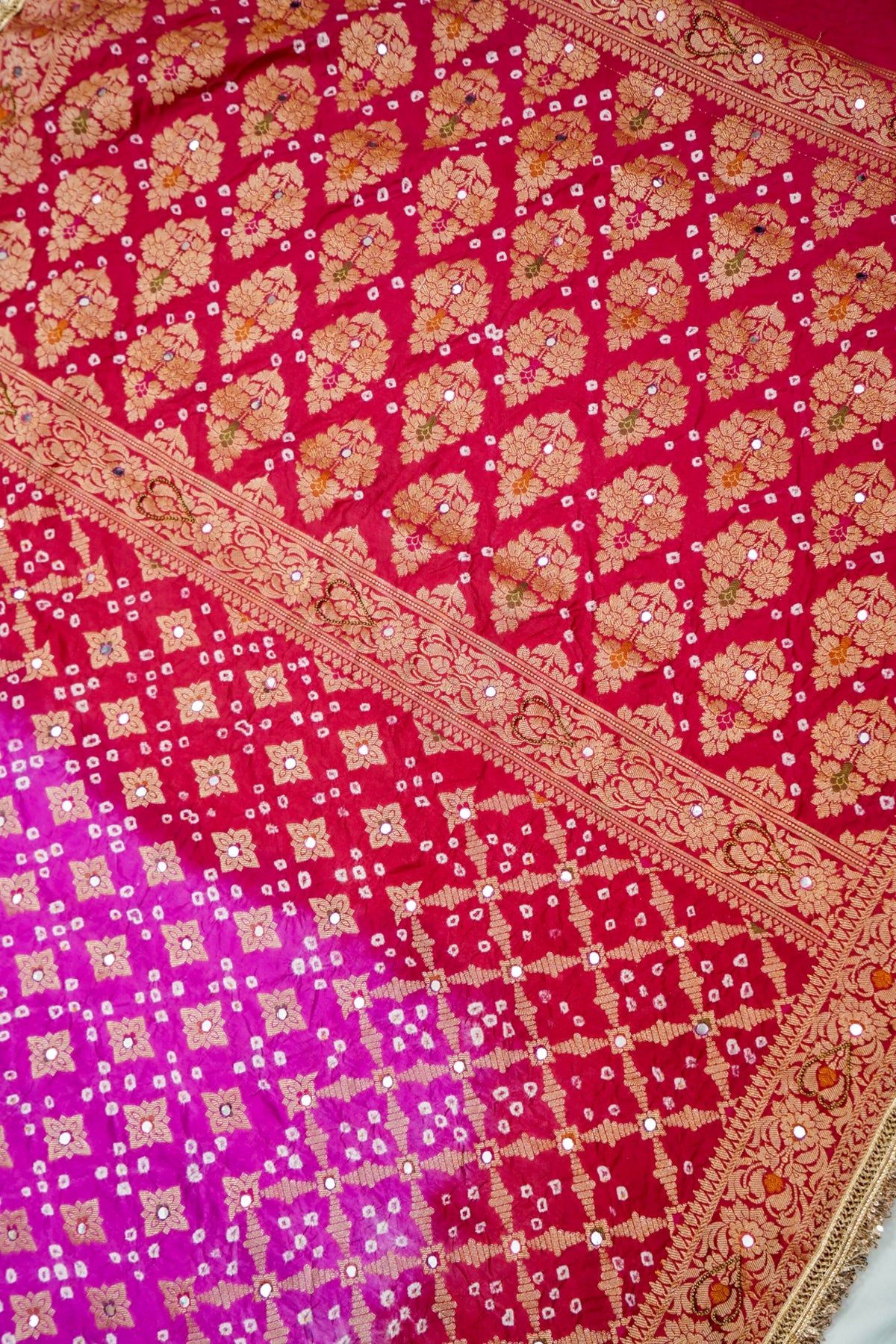 Dual Shade - Rani Pink and Red Bandhani Dupion Silk Saree