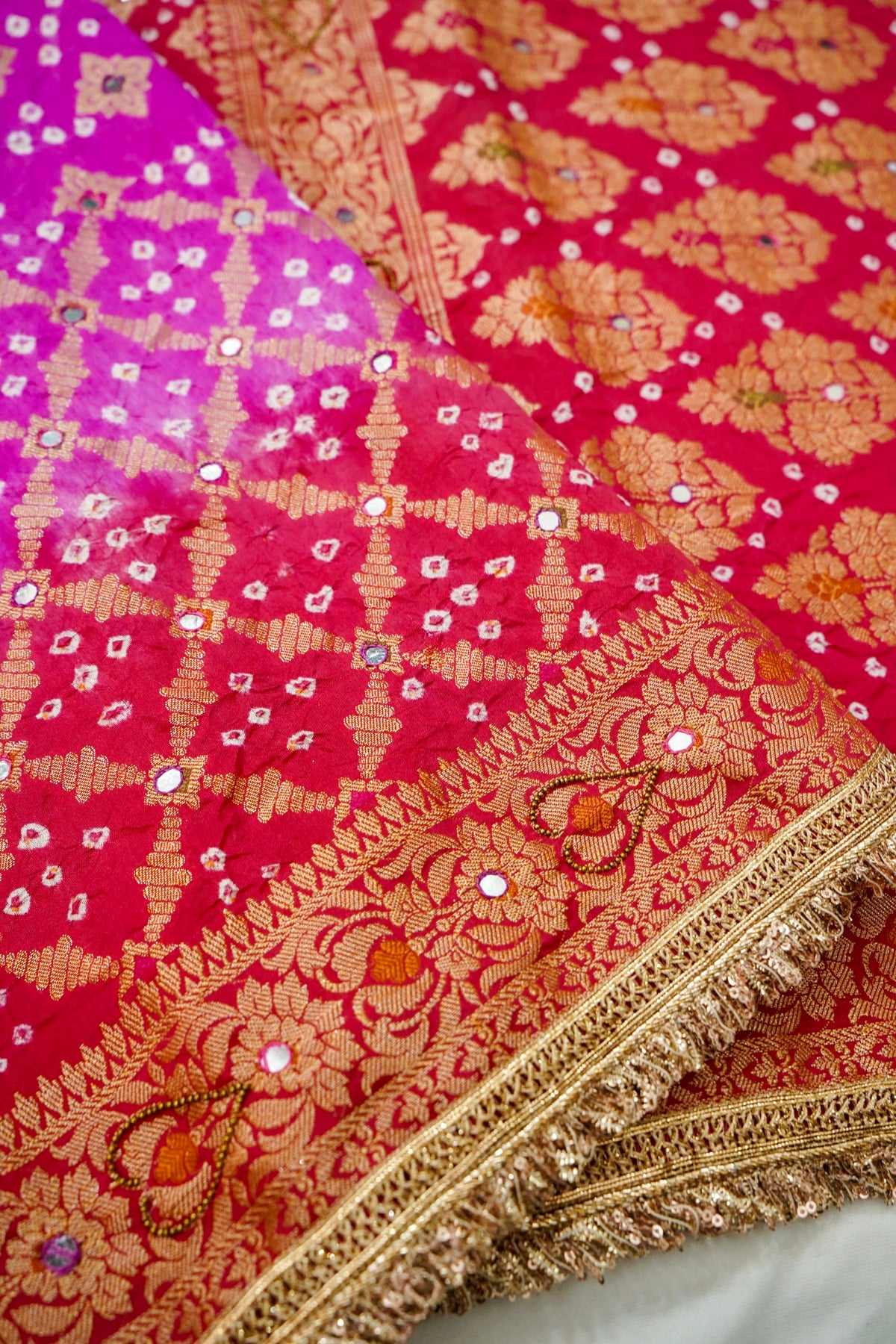 Dual Shade - Rani Pink and Red Bandhani Dupion Silk Saree