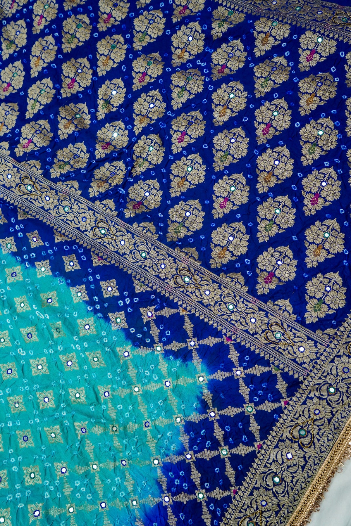 Dual Shade - Turquoise and Royal Blue Bandhani Dupion Silk Saree