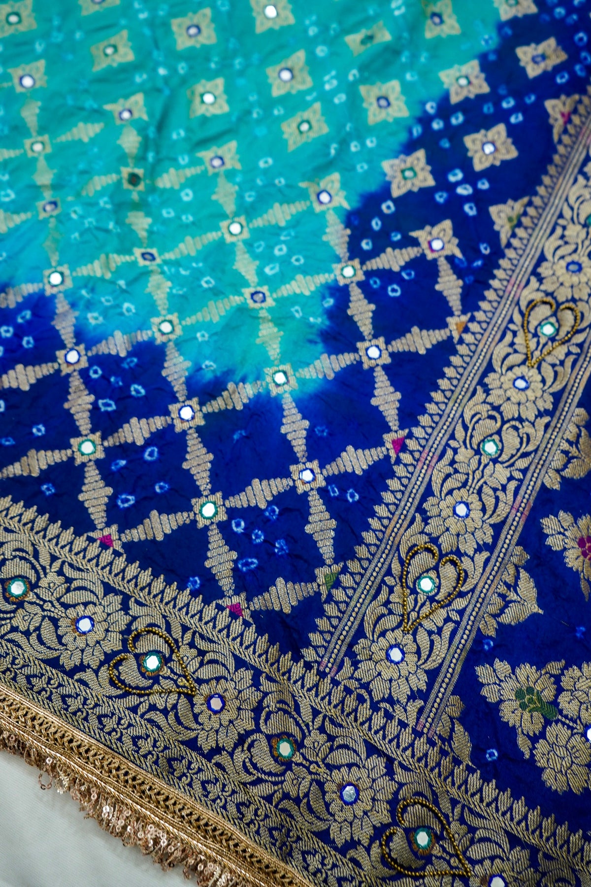 Dual Shade - Turquoise and Royal Blue Bandhani Dupion Silk Saree