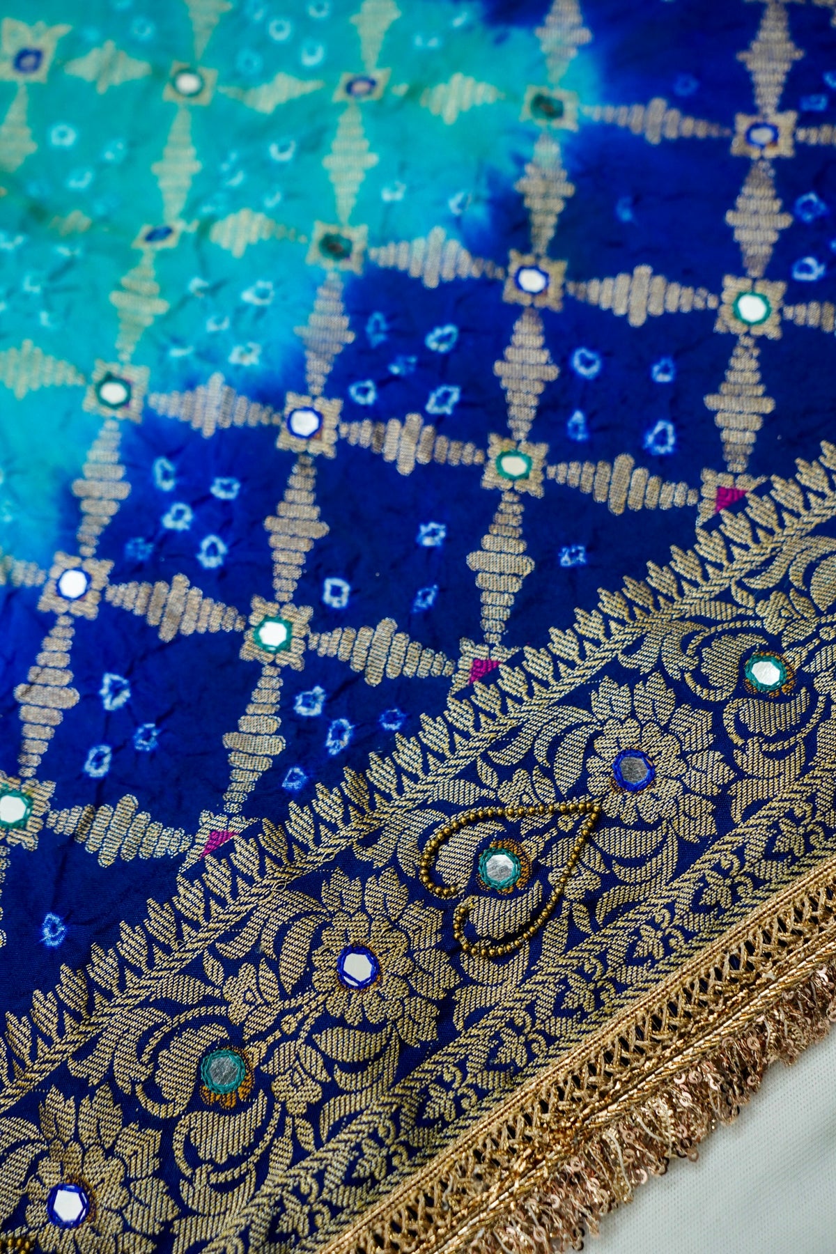 Dual Shade - Turquoise and Royal Blue Bandhani Dupion Silk Saree
