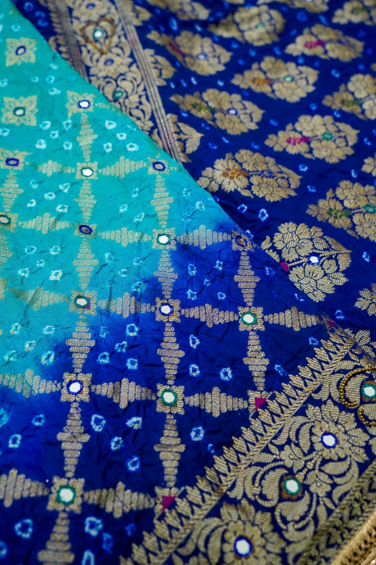 Dual Shade - Turquoise and Royal Blue Bandhani Dupion Silk Saree
