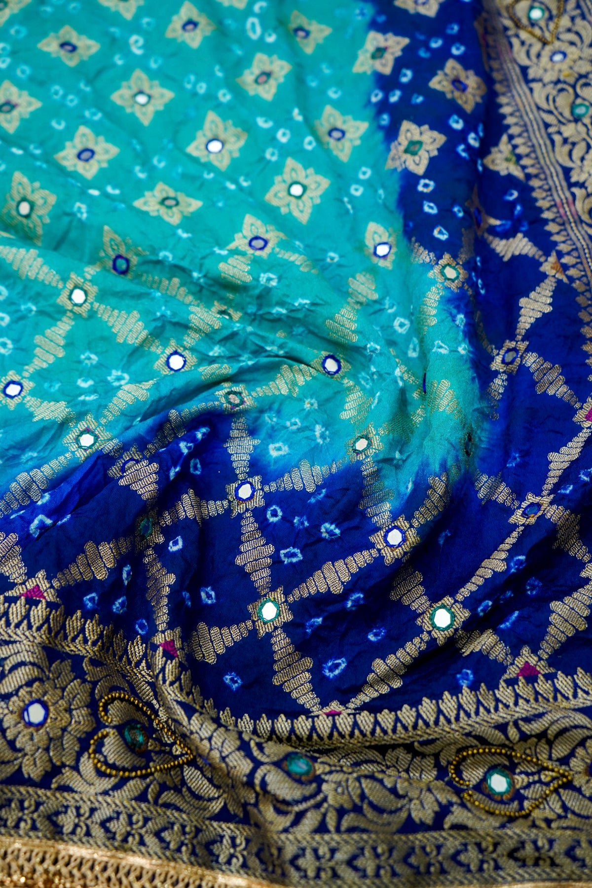 Dual Shade - Turquoise and Royal Blue Bandhani Dupion Silk Saree