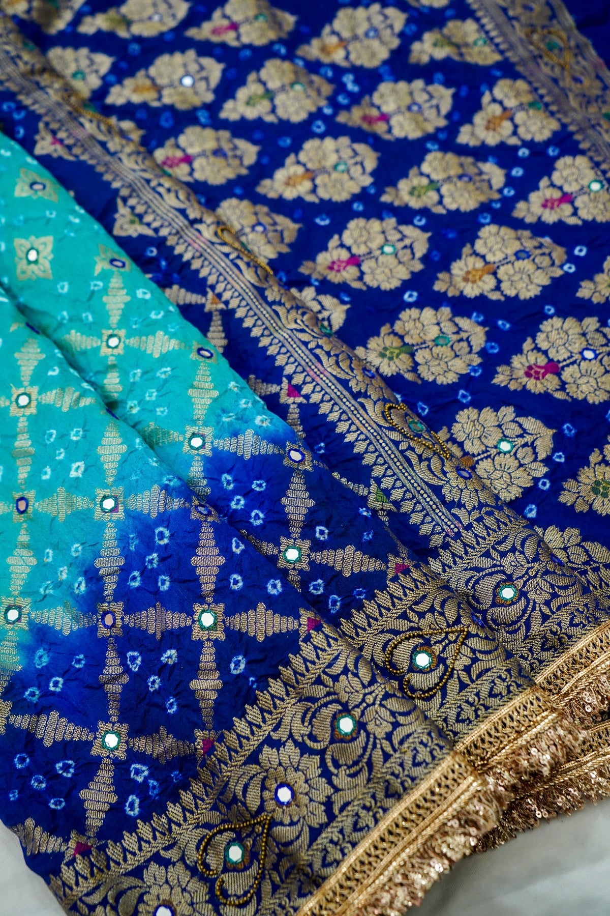 Dual Shade - Turquoise and Royal Blue Bandhani Dupion Silk Saree