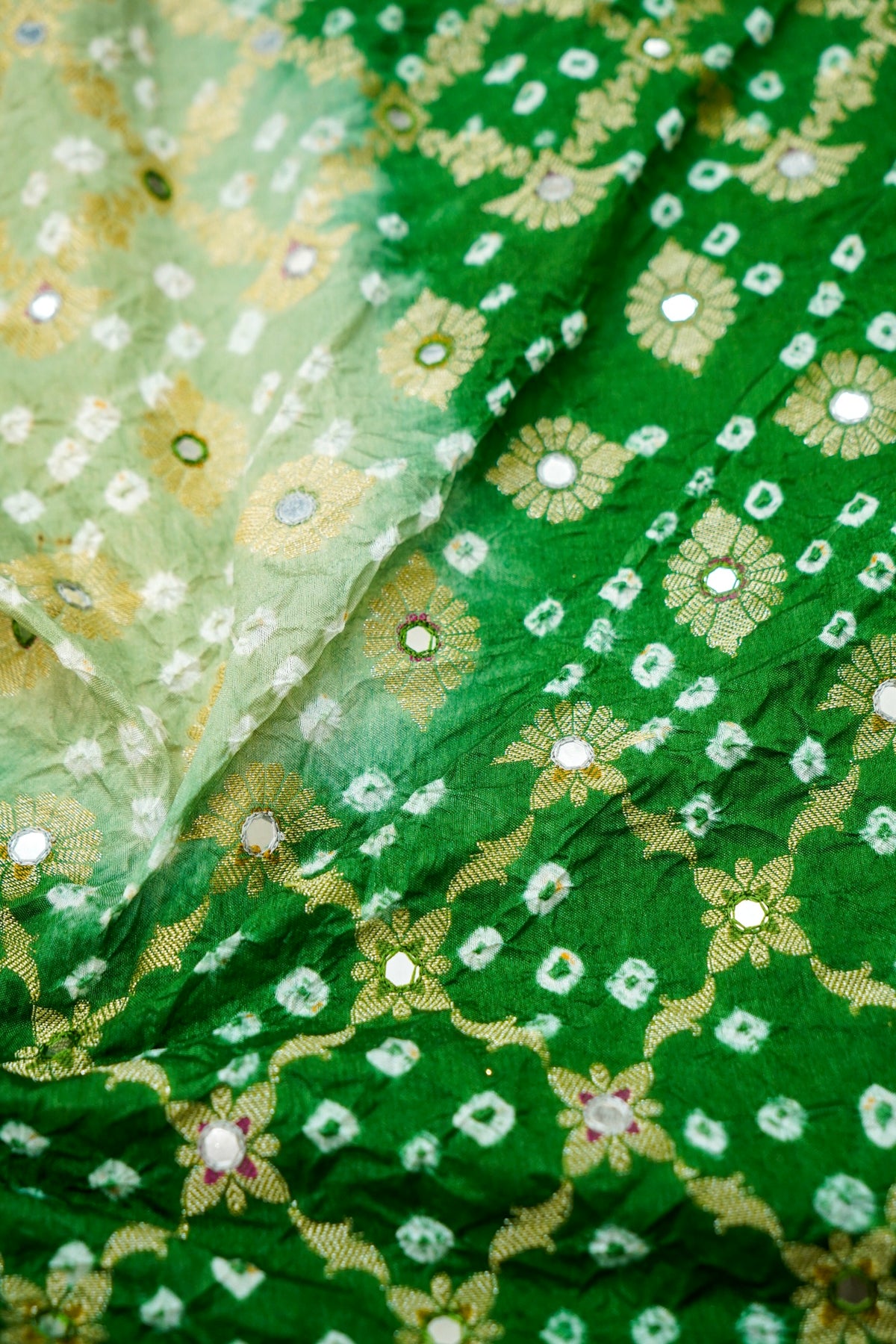 Dual-Tone Paisley Motif Mint and Emerald Green Bandhani Dupion Silk Saree