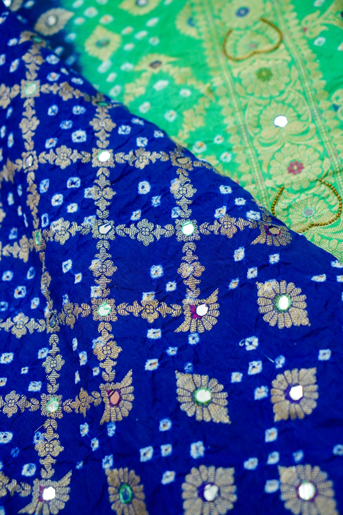 Dual-Tone Paisley Motif Royal Blue and Emerald Green Bandhani Dupion Silk Saree