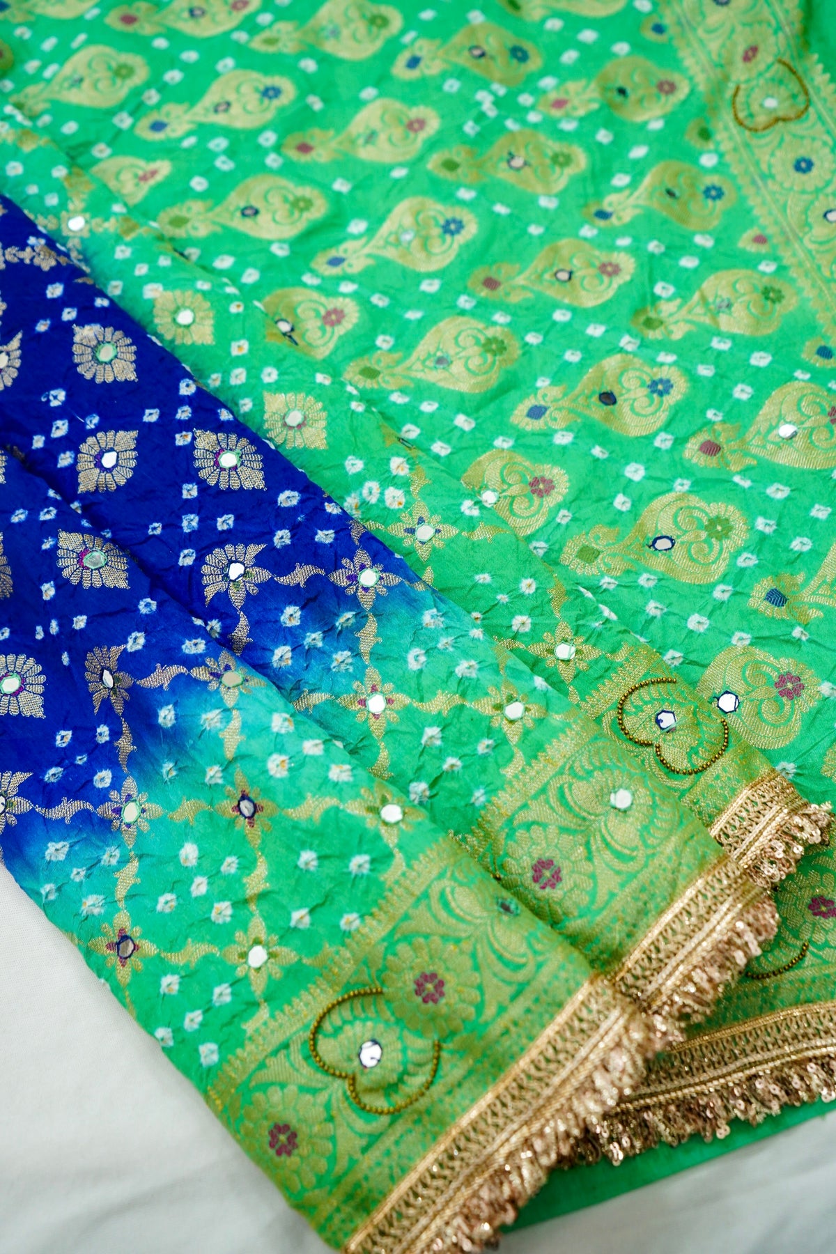 Dual-Tone Paisley Motif Royal Blue and Emerald Green Bandhani Dupion Silk Saree
