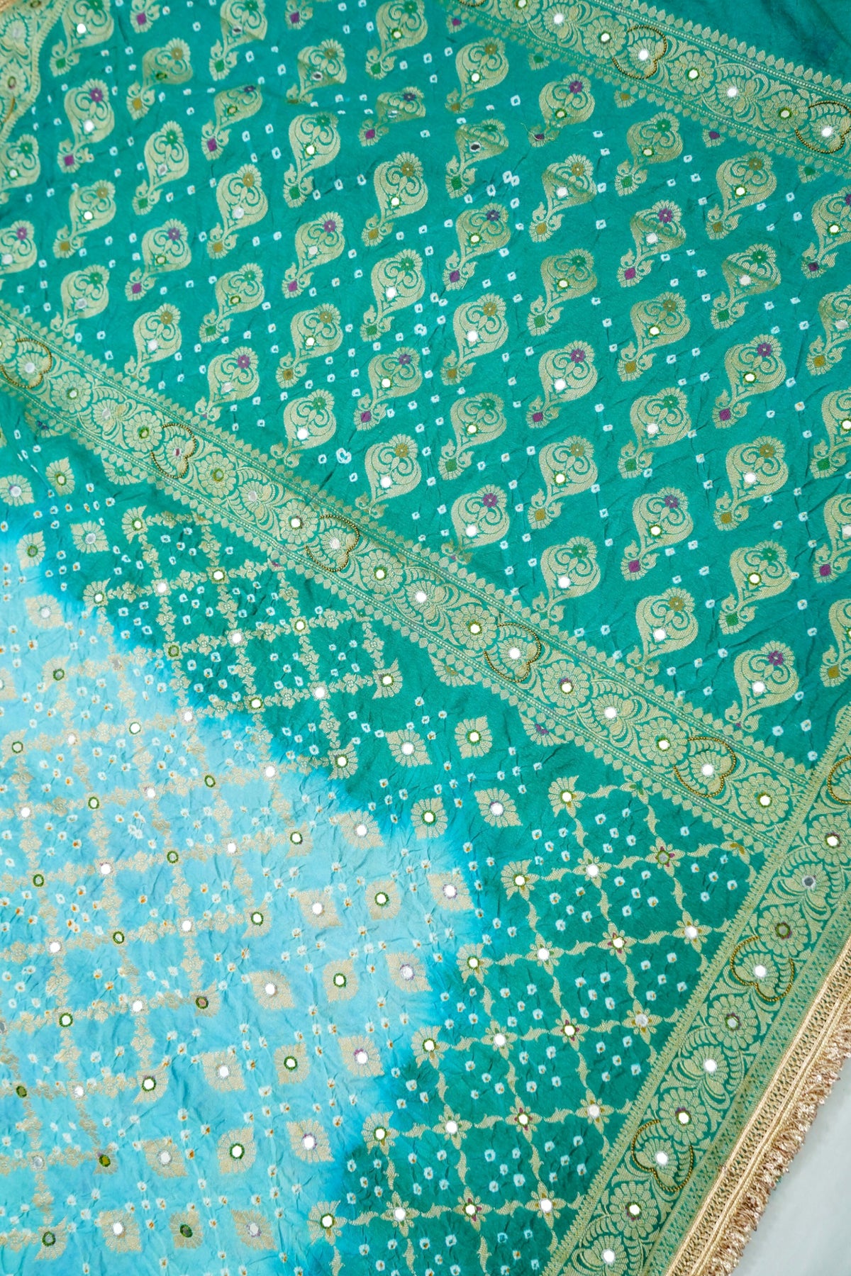 Dual-Tone Paisley Motif Sky Blue and Teal Green Bandhani Dupion Silk Saree