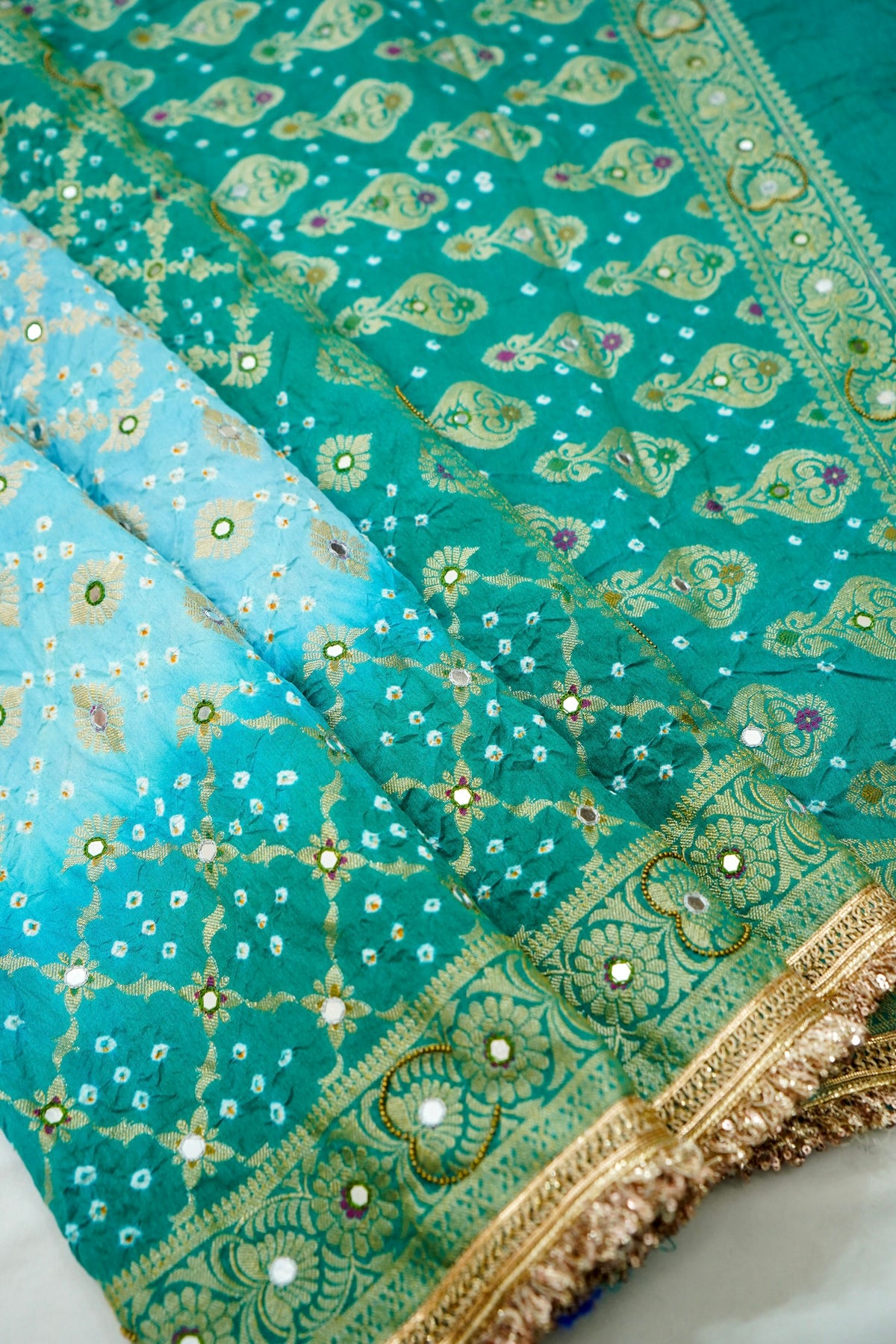 Dual-Tone Paisley Motif Sky Blue and Teal Green Bandhani Dupion Silk Saree