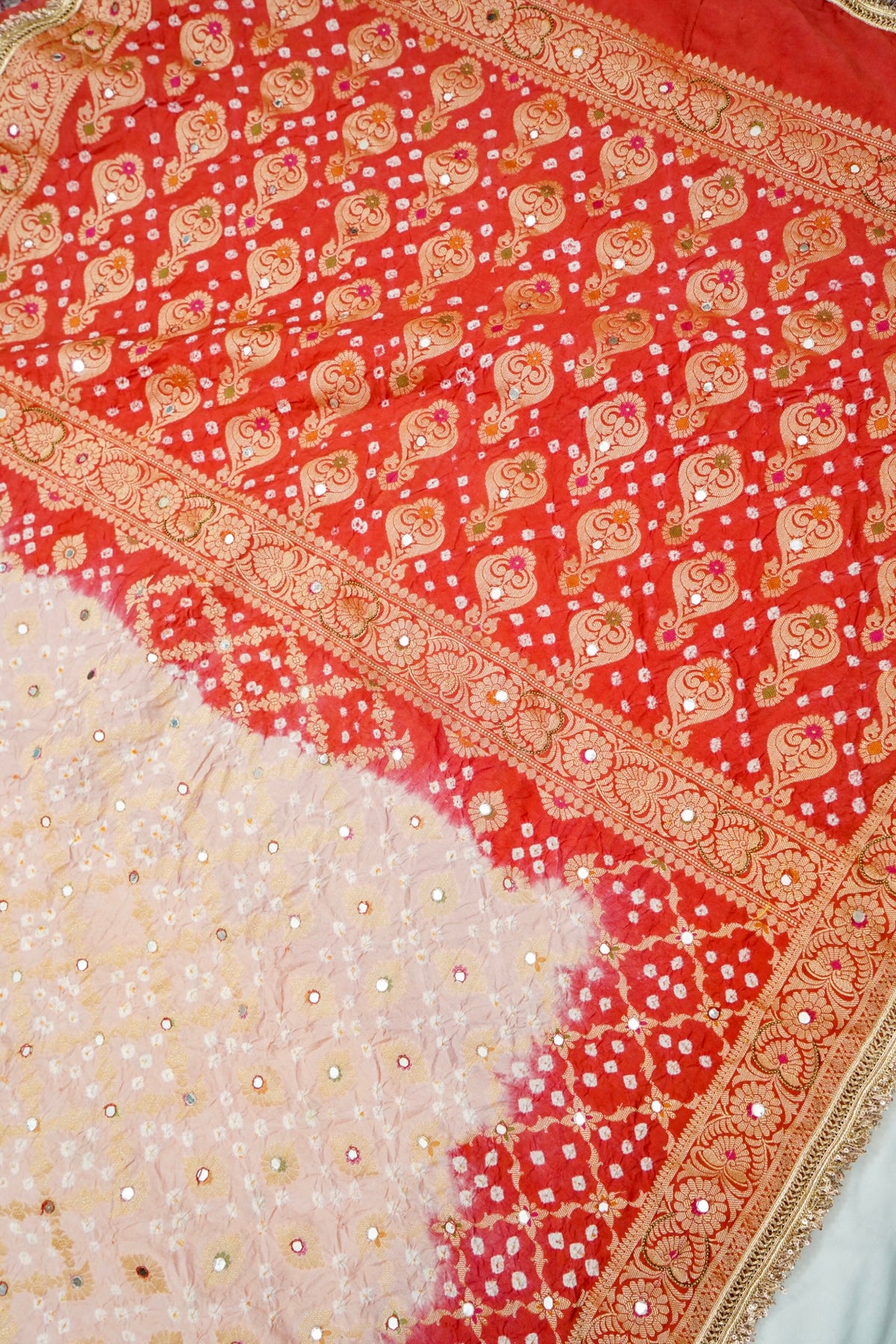 Dual-Tone Paisley Motif Blush Pink and Vermilion Red Bandhani Dupion Silk Saree