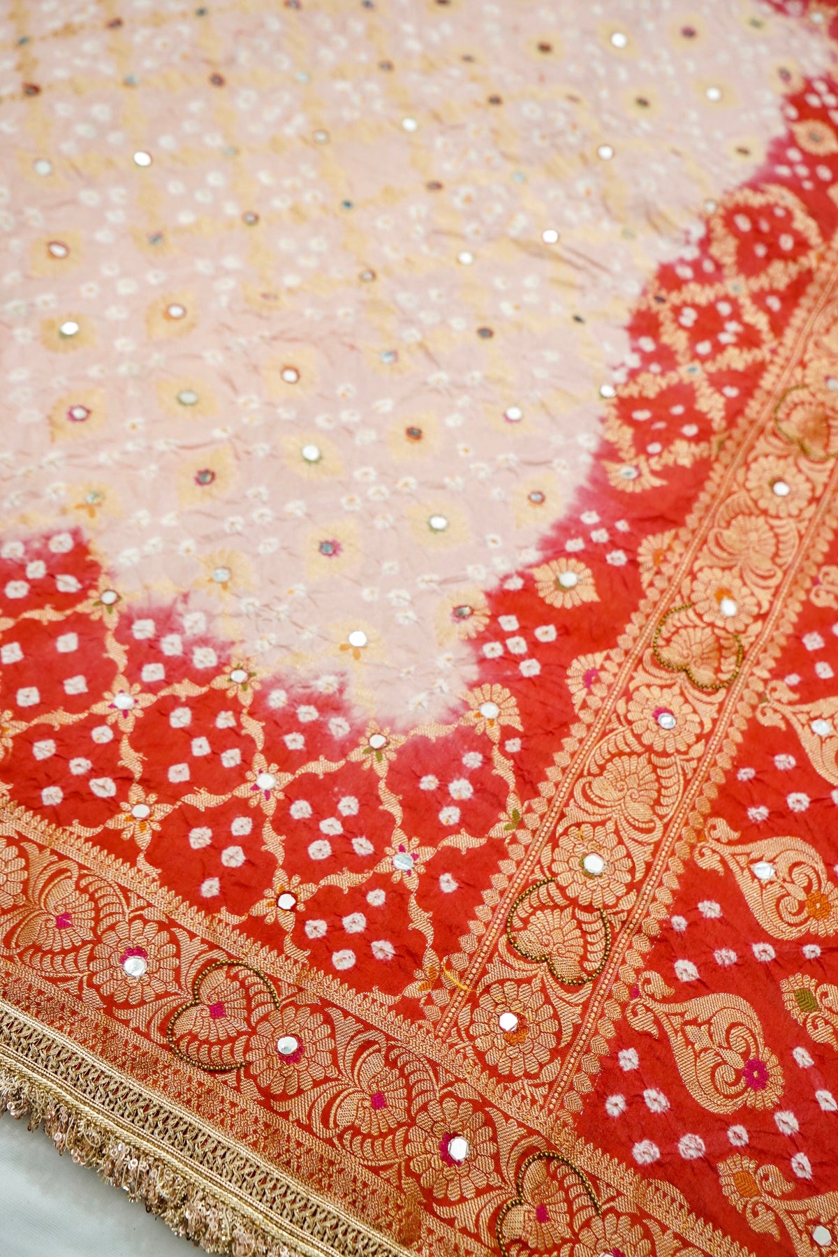 Dual-Tone Paisley Motif Blush Pink and Vermilion Red Bandhani Dupion Silk Saree