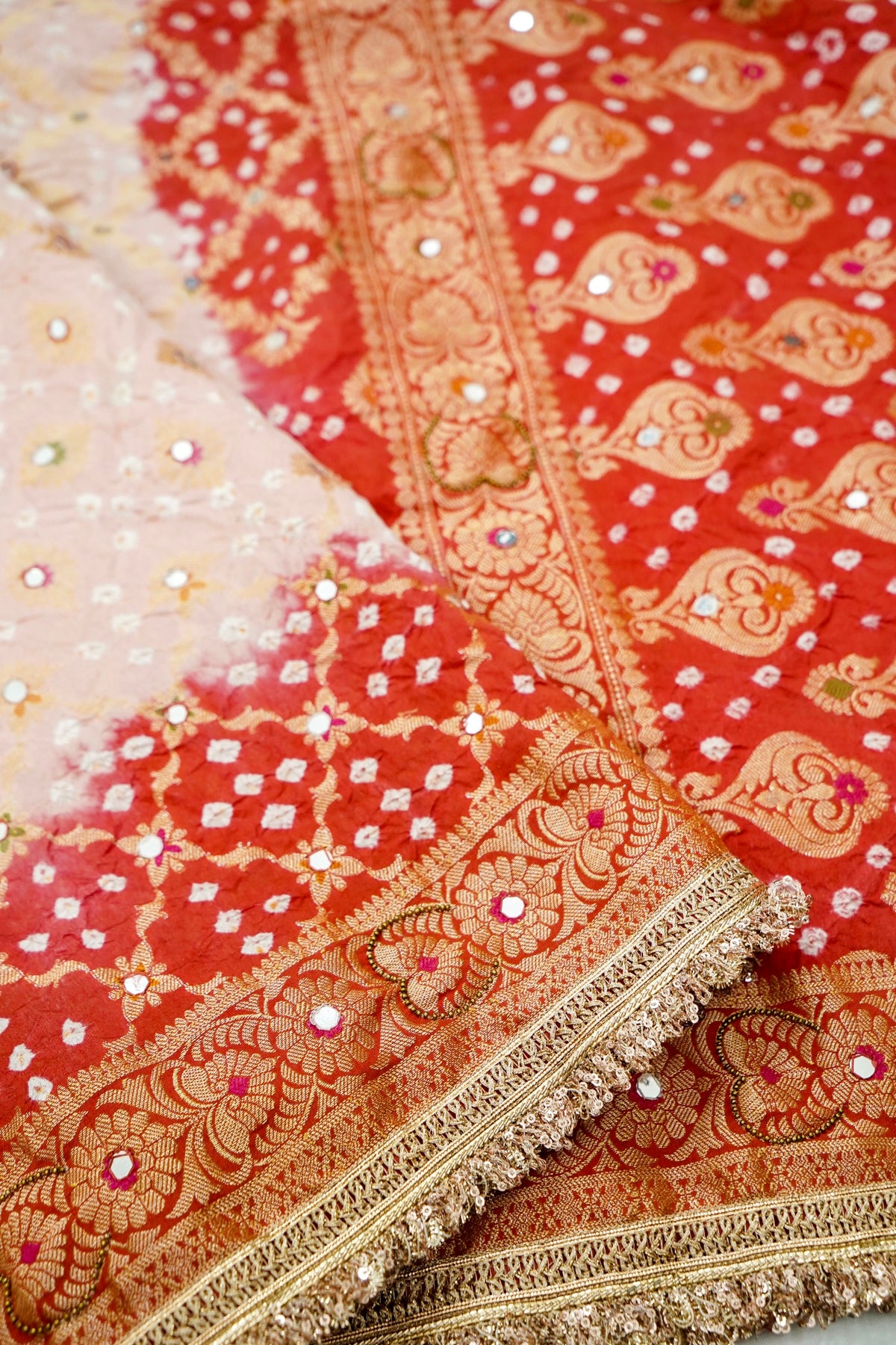 Dual-Tone Paisley Motif Blush Pink and Vermilion Red Bandhani Dupion Silk Saree
