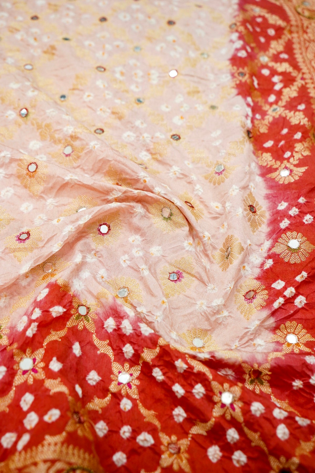 Dual-Tone Paisley Motif Blush Pink and Vermilion Red Bandhani Dupion Silk Saree
