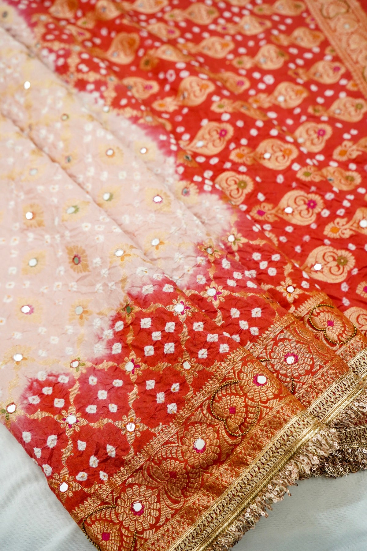 Dual-Tone Paisley Motif Blush Pink and Vermilion Red Bandhani Dupion Silk Saree