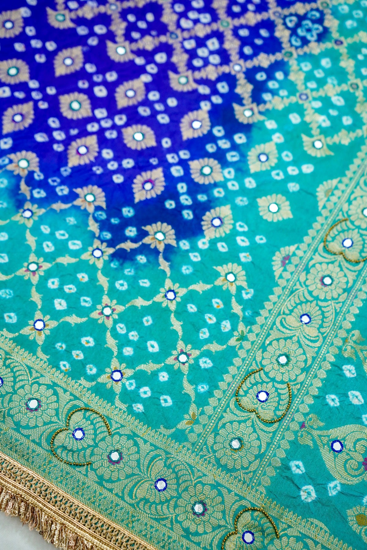 Dual-Tone Paisley Motif Royal Blue and Teal Green Bandhani Dupion Silk Saree