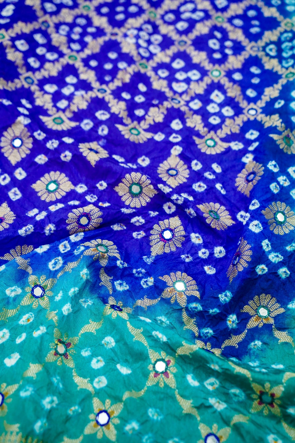Dual-Tone Paisley Motif Royal Blue and Teal Green Bandhani Dupion Silk Saree