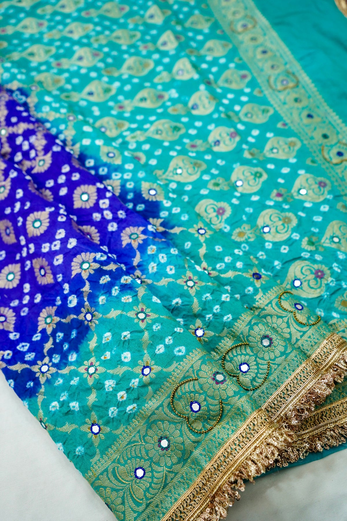 Dual-Tone Paisley Motif Royal Blue and Teal Green Bandhani Dupion Silk Saree