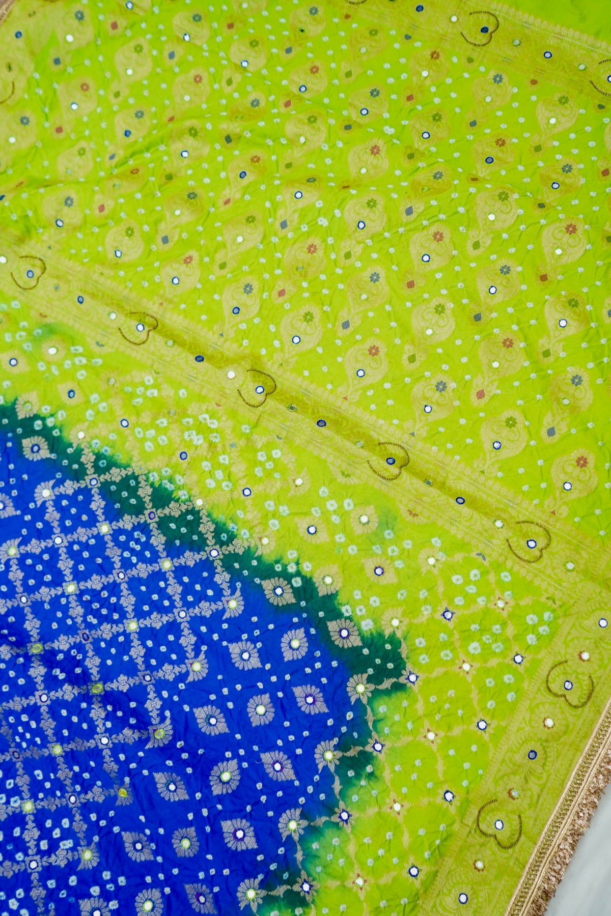 Dual-Tone Paisley Motif Royal Blue and Green Bandhani Dupion Silk Saree