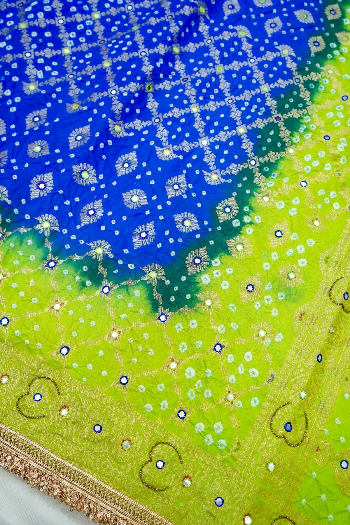 Dual-Tone Paisley Motif Royal Blue and Green Bandhani Dupion Silk Saree